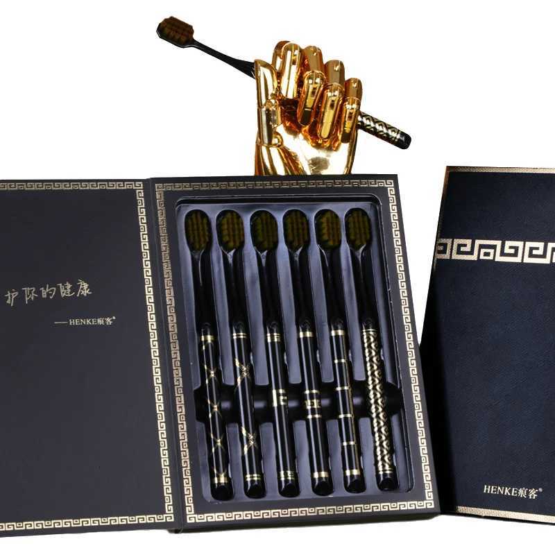 This 6-piece black gold upscale gift box toothbrush set with soft bristles deeply cleans teeth and is ideal for adult daily home and travel use.T26030