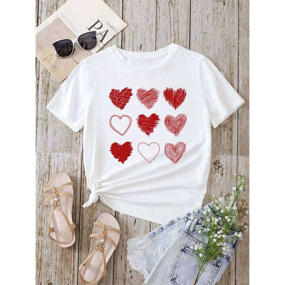 Red Heart Printed T-Shirts Fashion Streetwear Short Sleeve Tee Clothing Casual Soft Women Tops Valentine's Day T-shirt XJ260306