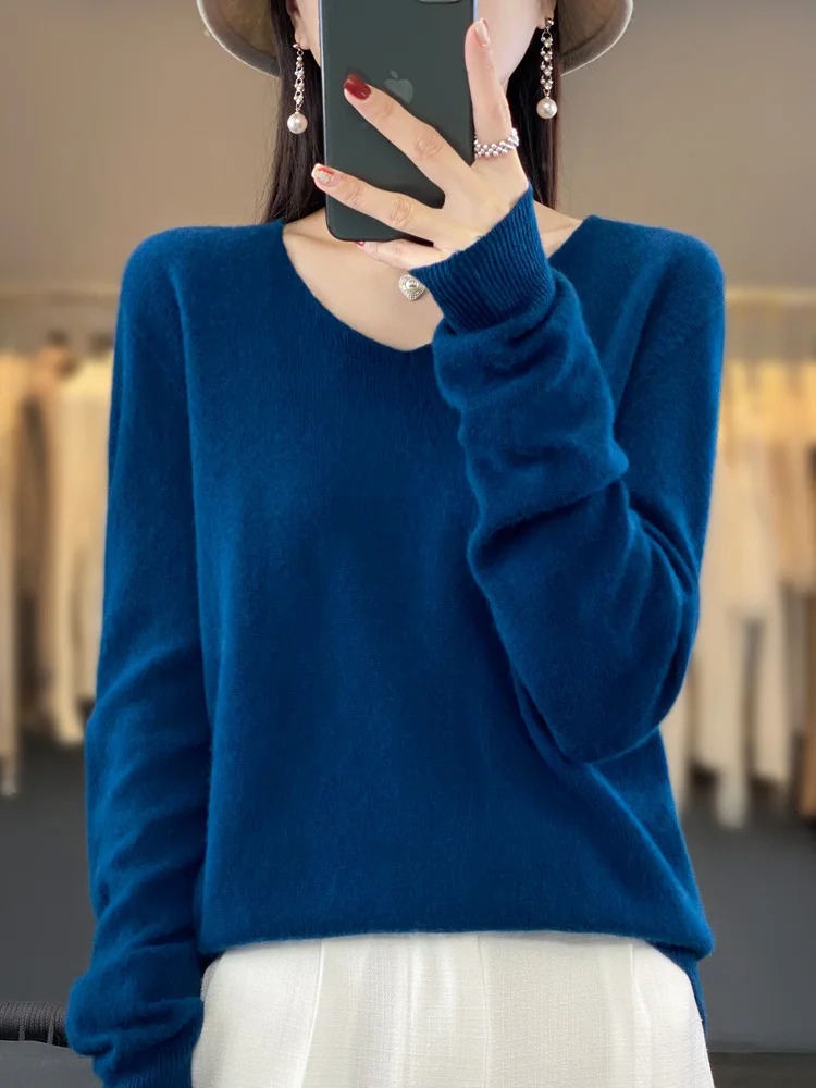 100 Merino Wool Womens Sweater VNeck Long Sleeve Pullovers Autumn Winter Basic Jumper Cashmere Knitwear Warm Female Clothing 260306