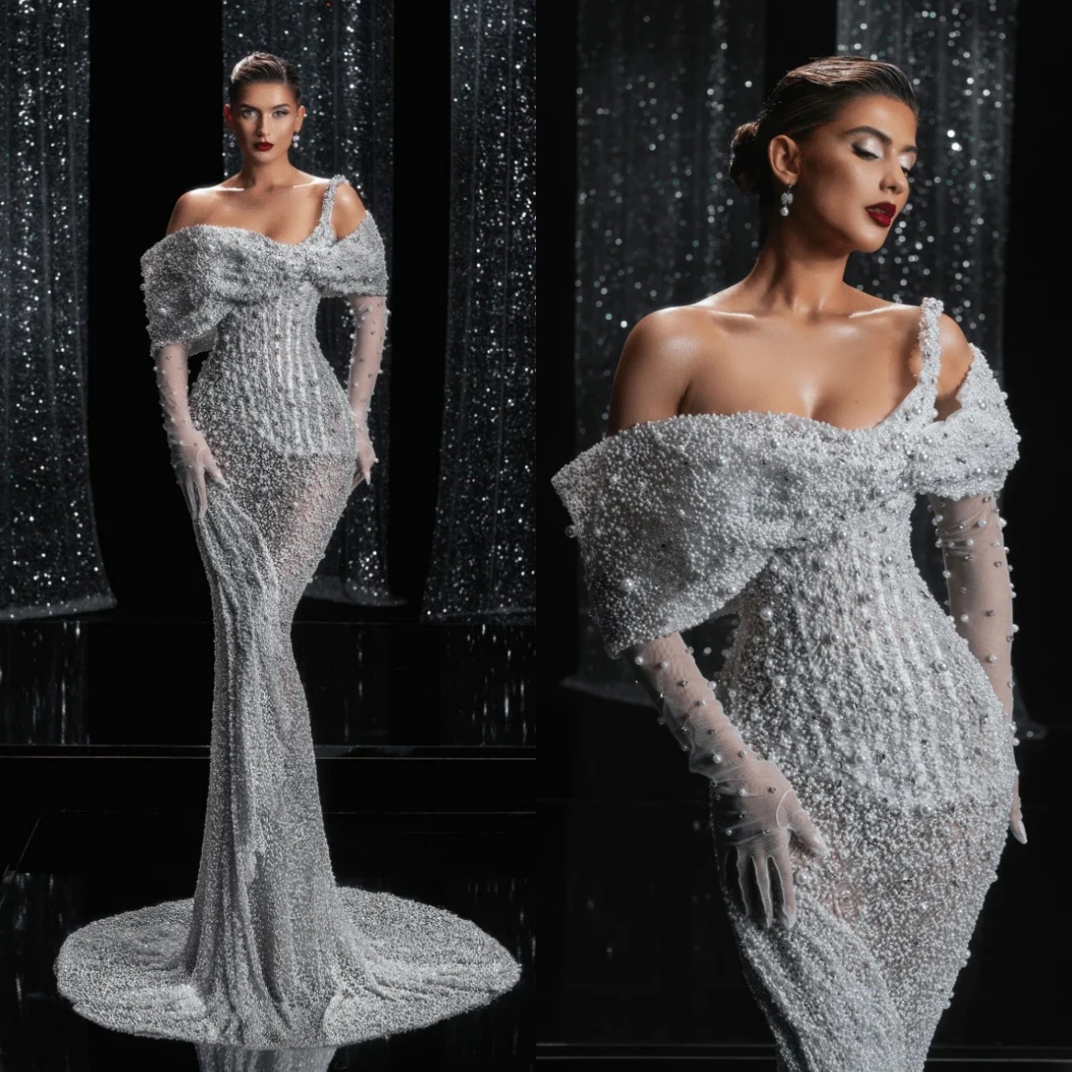 Sexy One Shoulder Wedding Dress Sparkly Sequined Pearls Mermaid Bridal Gown Fashion Floor Length Beaded Bride Dresses Customized