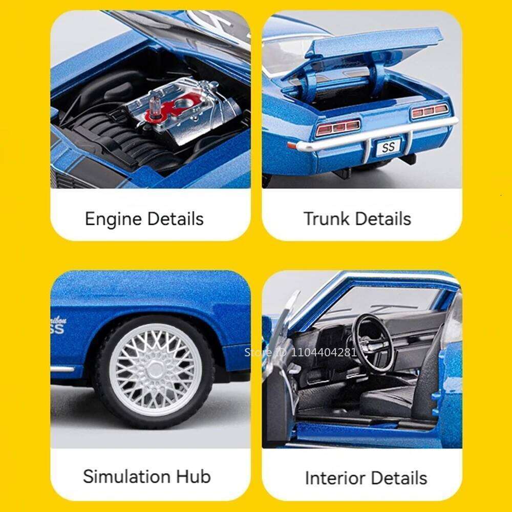 1:32 Camaro Charger 1970 Car Toys Diecast Alloy Model Rubber Tire Metal Body Sound Light Pull Back Doors Opened Vehices Kid Gift Z260306