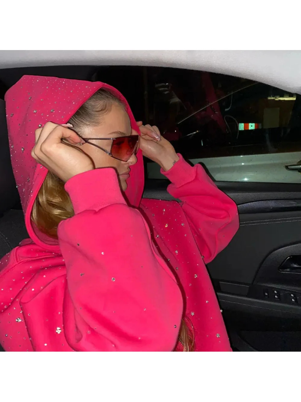 Gothic INS Trend Rhinestone Studded Hoodie 2026 Autumn Winter Solid Color Loose Outerwear Unisex Daily Commute Casual Top 260228