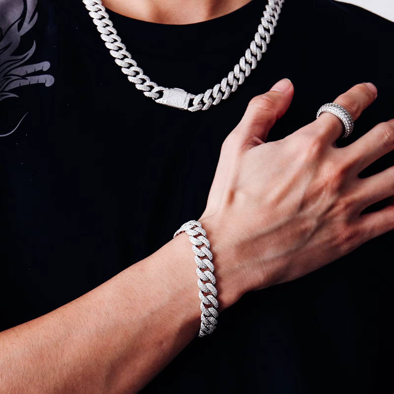 Hip Hop 10mm-12mm Moissanite Silver Miami Cuban Link Chain Bracelets Moissanite Diamond Chain Iced Out