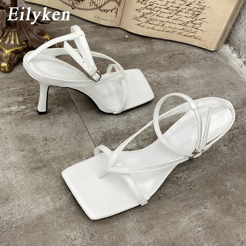 Eilyken Summer Fashion Square Pinch Open Narrow Band Women Sandals Ankle Buckle Strap Thin Heels Ladies Shoes Zapatos De Mujer 260306
