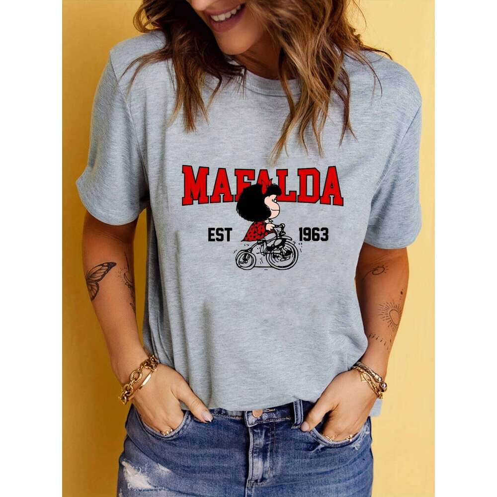 MAEALDA Women's Fashion Black T-Shirt - "Mafalda EST. 1956" Graphic Casual Slim Fit Short Sleeve Crew Neck Top Ideal for XJ260306 XJ260