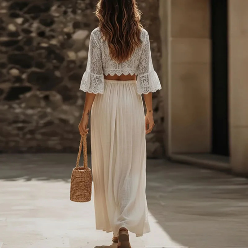 Womens Bohemian Lace Two Piece Set Sexy Deep V Neck Crop TopHigh Waist Slit Maxi Skirt Vacation Outfit Flare Sleeve Hollow Suit 260306