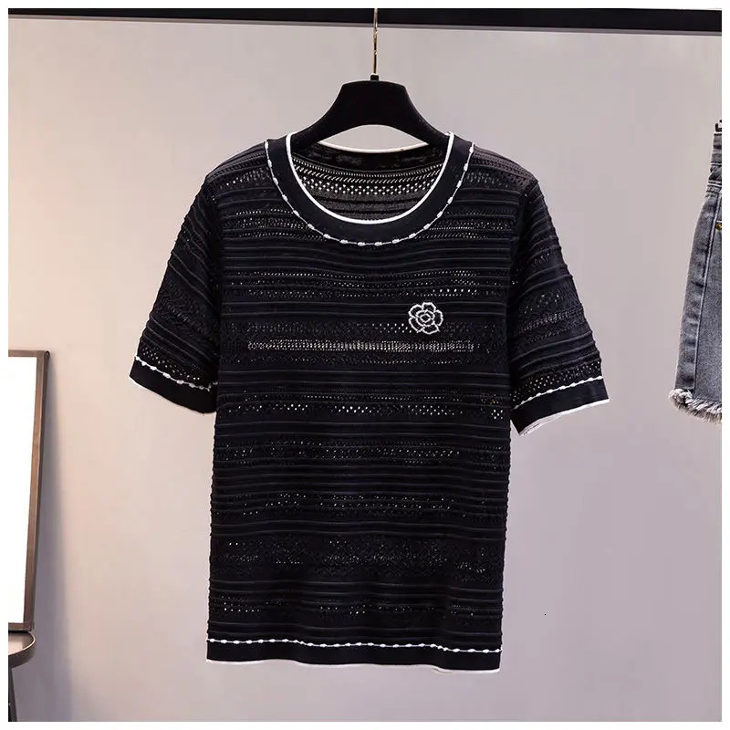 Ice Silk Knitted T Shirt Women Summer Flower Embroidery Diamond y ner Clothes Korean Fashion Casual Tshirt Short Tops 260306