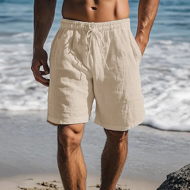 Men Cotton Linen Shorts Summer Lightweight Breathable Casual Beach Style Basic Solid Color Sweatpants Elastic Waist 260306