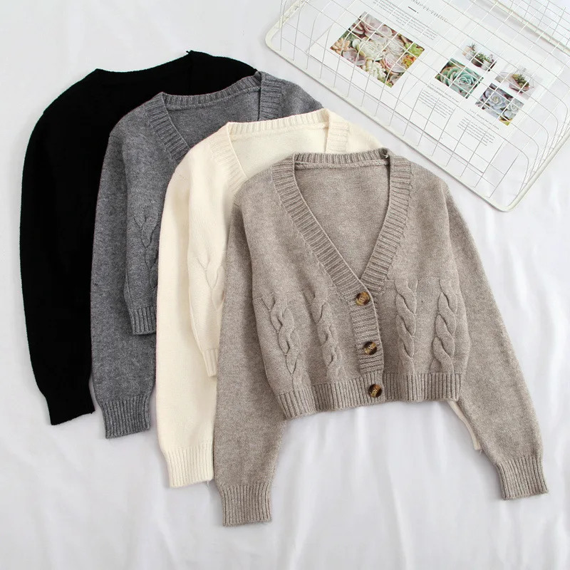 V Neck Cropped Cardigan Women Long Sleeve Twist Knitted Sweater Coats Autumn Winter Keep Warm Korean Fashion Jacket Cardigan 260305