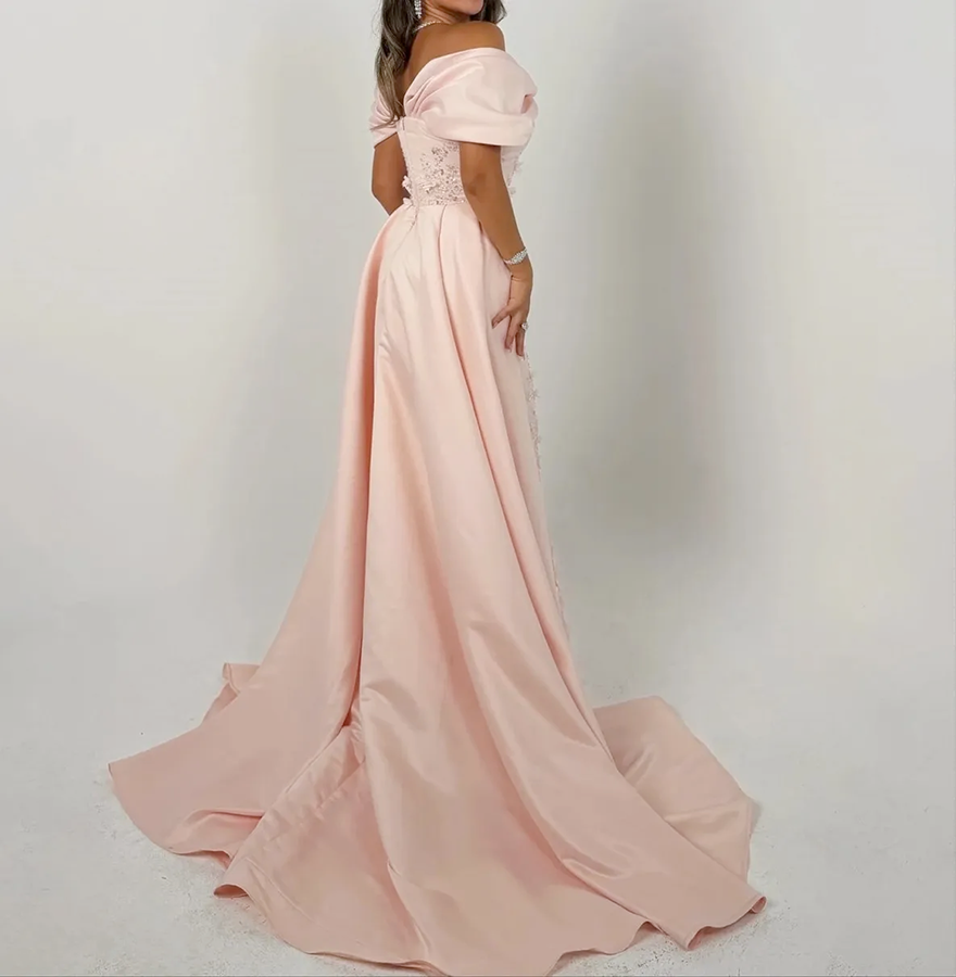Elegant Light Pink Prom Party Dress 2026 Off the Shoulder 3D Flowers Lace Satin Long Mermaid Evening Birthday Formal Gowns Robe De Soiree Vestidos Fea