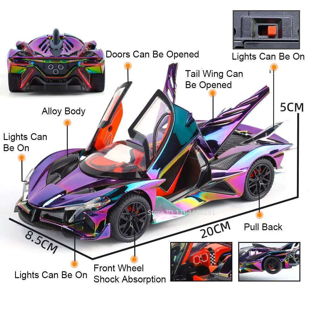 1:24 Apollo EVO Lambor Revuelto Alloy Diecast Sports Car Model Toy Doors Opened Sound Light Pull Back Cars Perfect Birthday Gift Z260307