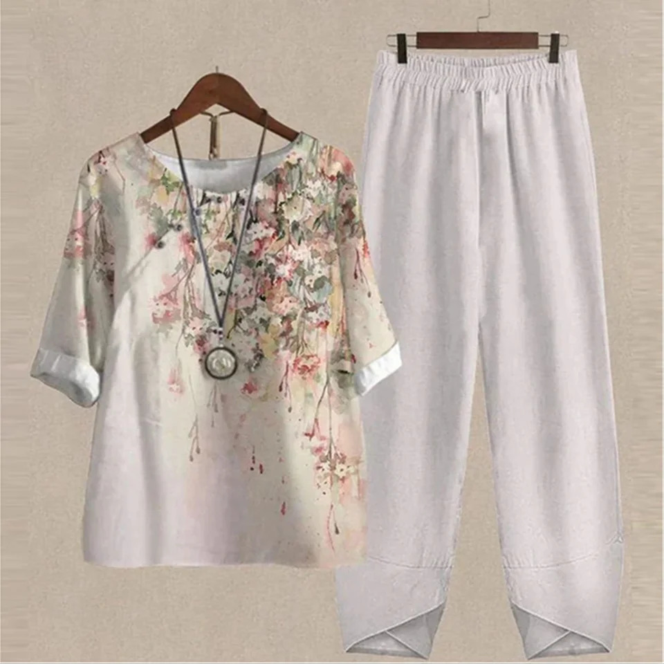 Summer 2 Piece Set Women Loose Short Sleeve Shirt Top High Waist Pants Flower Print Outfits Ladies Elegant Vintage Suit Fall 260306