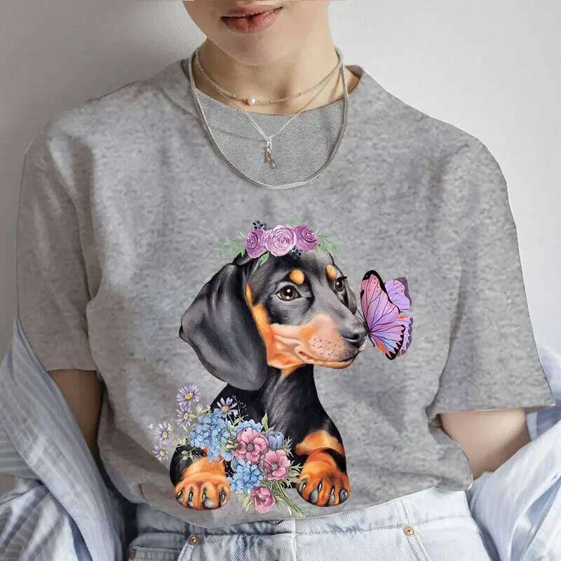 Fashion Cartoon Dachshund Clothes Graphic Dog Lover Print T Shirt for Casual Crew Neck Short Sleeve Plus Size Tshirt Women XJ260306