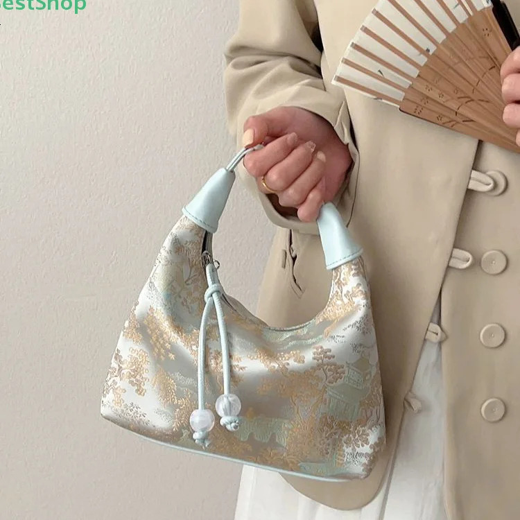 RebeccaChinese Style Embroidered Handbag Hanfu Embroidery Zipper Crossbody Bag Cheongsam Party 260307