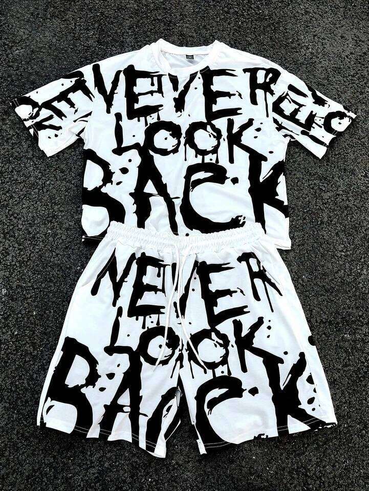 Fashion Men's Black And White Flower Graphic Print T-Shirt 2-Piece O-Neck Short Sleeve Top Elastic Waist Shorts Set