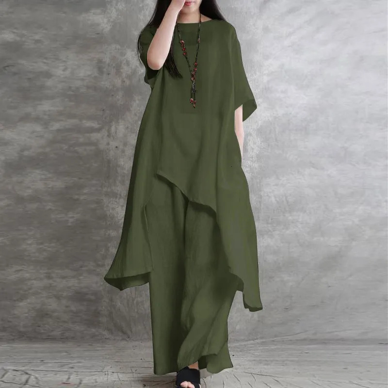 Women Cotton Linen Pant Sets 2 Pieces Casual Half Sleeve Solid Loose BlouseHigh Elastic Waist Wide Leg Full Trousers Suits 260304