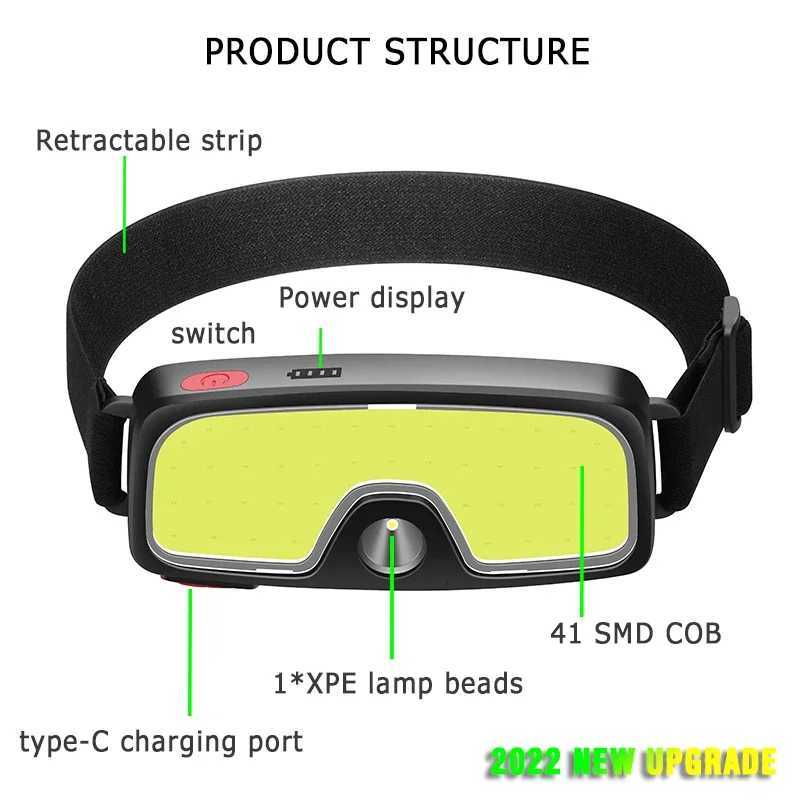 COB 180 Floodlight LED Headlamp FlashlightFlashlight 3 Modes Built-in USB Rechargeable Battery Head Lamp Hiking Camping Lamp H260307