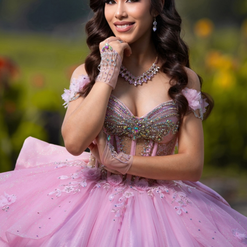 Pink Quinceanera Dresses Ball Gown Off The Shoulder Applique Flower Beading Crystal Bow Tull Corset Party Birthday Sweet 16 Dress Vestidos 15 De Anos