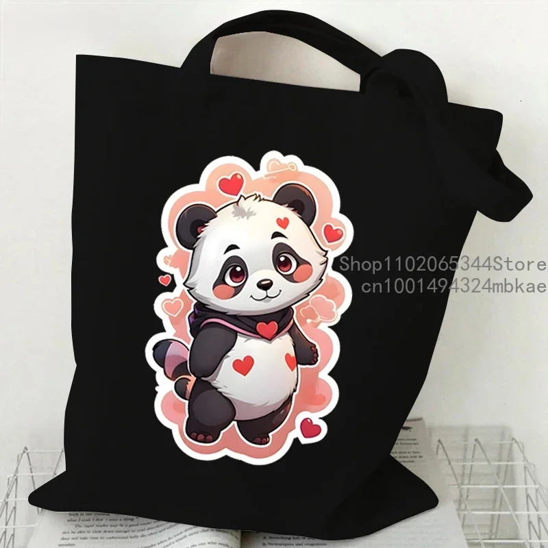 Cartoon Panda Pattern Canvas Shoulder Bag Women Portable Versatile Storage Cute Animal Shopping Bags Teen Girl Handbag 260307