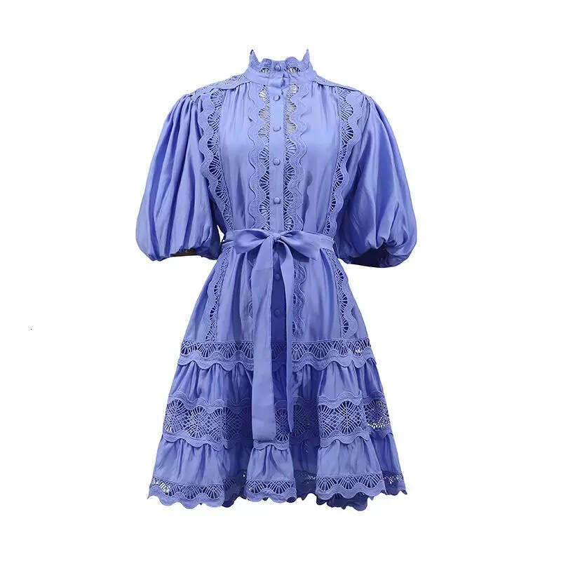 2026 Spring and Autumn Season European and American Minority Ladies Elegant Design Lace Bordered a3 Lantern Sleeves Solid Color Loose Tie Skirt