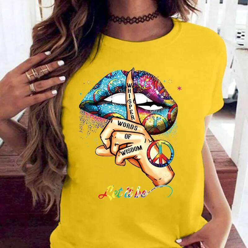 COTTON 100% Loose Crew-neck Creative Mouth Short-sleeved T-shirt Woman Oversized T Shirt Tops Aesthetic Clothes XJ260306 XJ260306
