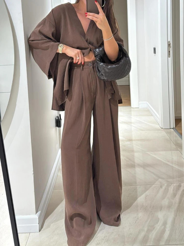 Casual Cotton Linen Loose Long Pants Suits Fashion Half Bubble Sleeve V-neck One Button Shirt Sets Lady Summer Street Outfit 260303