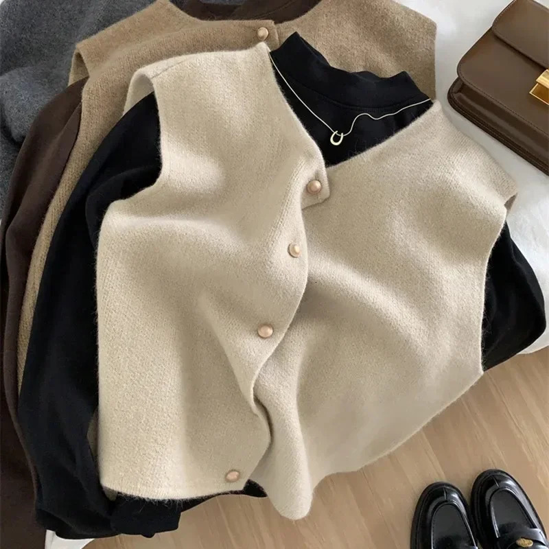 Fashion Soft Chic Preppy Style Wild Elegant Lady Waistcoat Knitted Vintage Women Autumn Winter Sweater Vests 260306