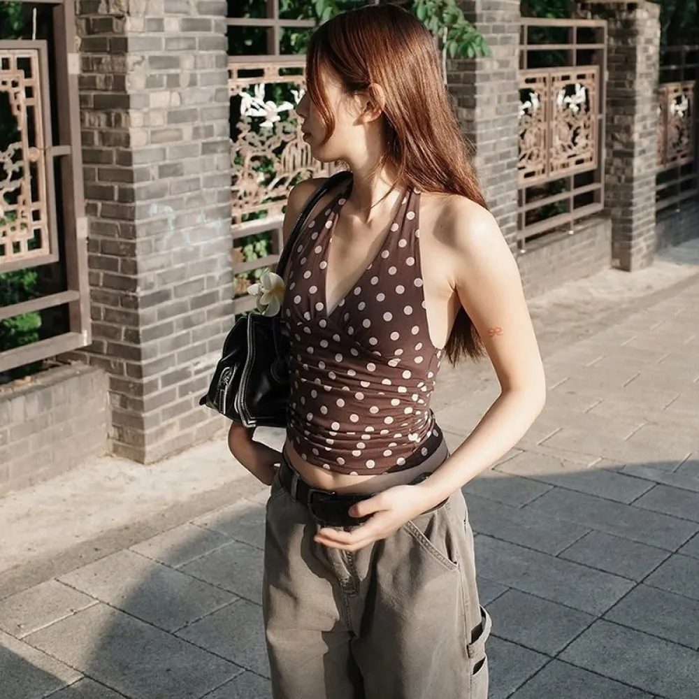 SylCue Polka Dots Tank Tops Women Sexy Low-Neck Off Shoulders Backless Street Fashion Versatile Style Ruched Elegant Outfits 260306