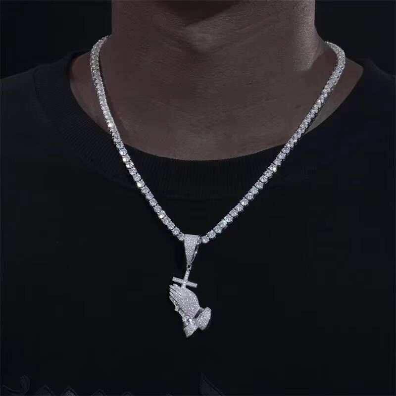 D Color Moissanite Diamond Bling Cross Pray Hand Pendant Necklace in 925 Sterling Silver Hip Hop Jewelry for Men Women