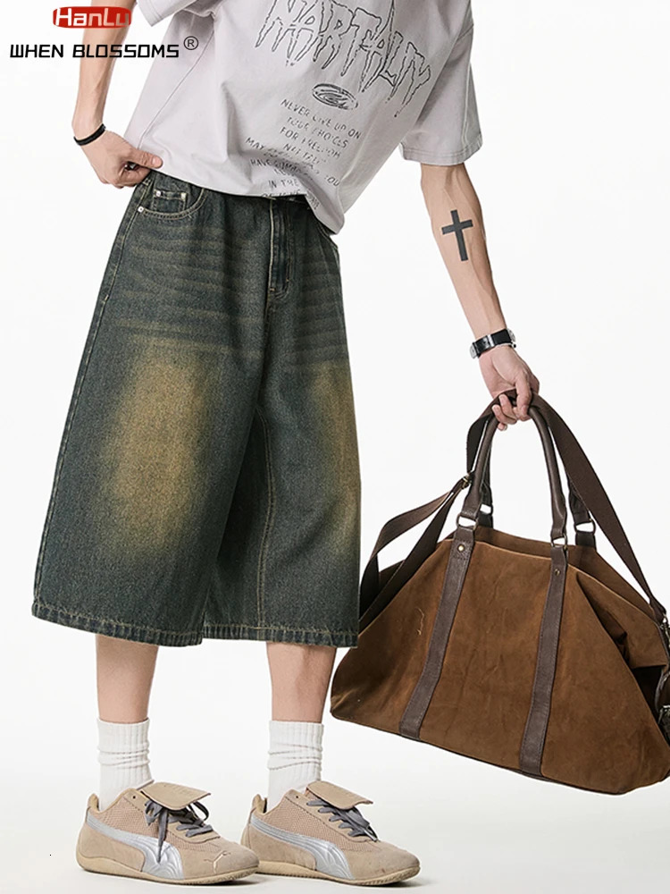 Summer Mens Wide Leg Jeans Shorts Vintage Distressed Wash Y2K Straight Elastic Waist Loose Casual Relaxed Fit 260306