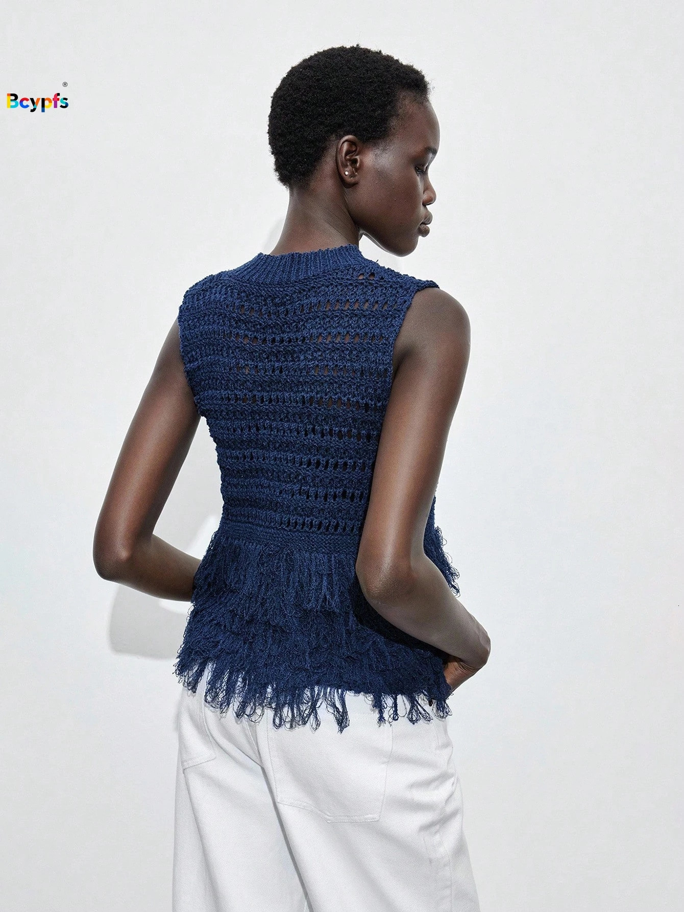 Trendy Women Navy Blue Sleeveless Crochet Top Hollow Out Fringe Peplum Hem Blouse Summer Vacation Daily Wear 260306