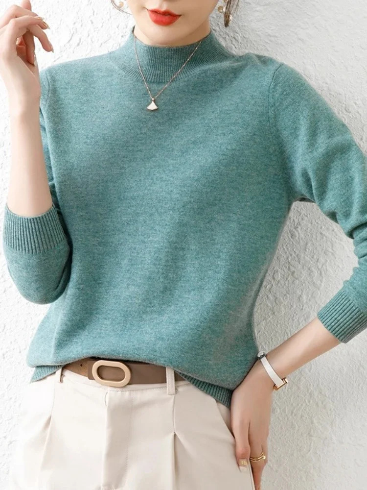 Korean Sweaters Autumn Winter Women Sweater Vintage Basic Solid Knitted Tops Casual Slim Mock Neck Pullover Simple Chic Jumpers 260306