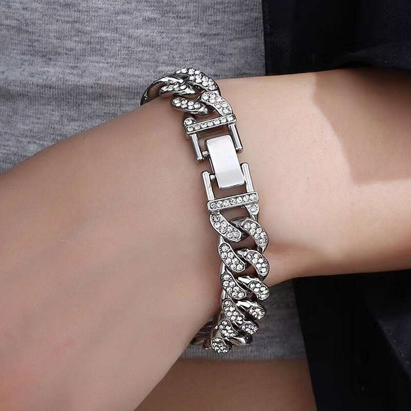 Cross-Border Hot-Selling Full Diamond Men's High-Quality Titanium Steel Hip-Hop Cuban Bracelet Jewelry Factory In-Stock Wholesale