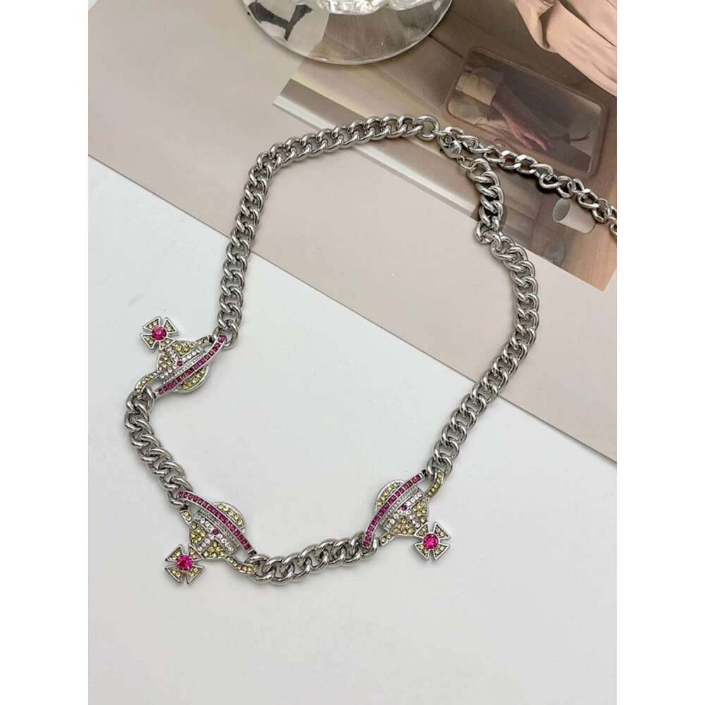 Xijia High-Quality Colorful Diamond Saturn Necklace for Women Hip-Hop Punk Cuban Chain Bracelet Versatile Planet Choker Trend