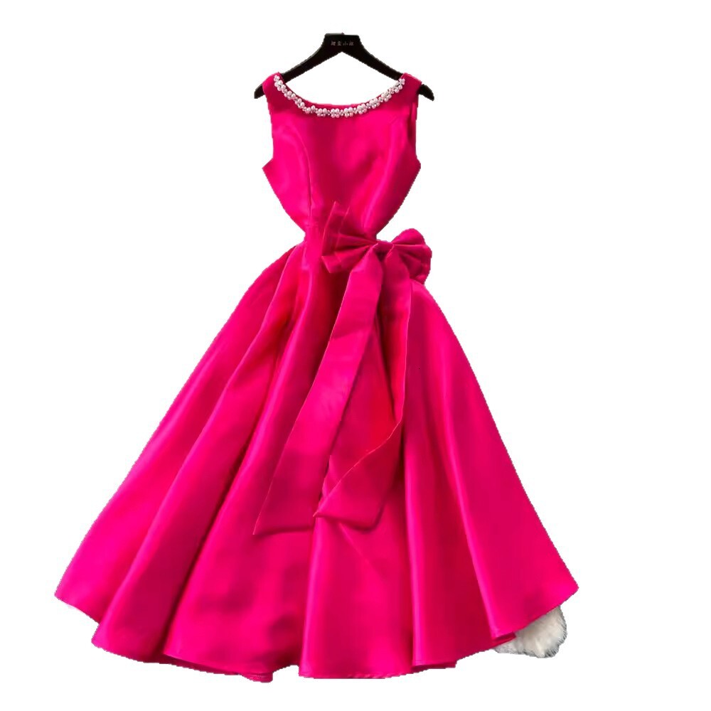 Light Luxury And Elegant Style Sleeveless A-line Dress For Women Summer Diamond-embellished Bow Waist-cinching Slimming Socialite Gown