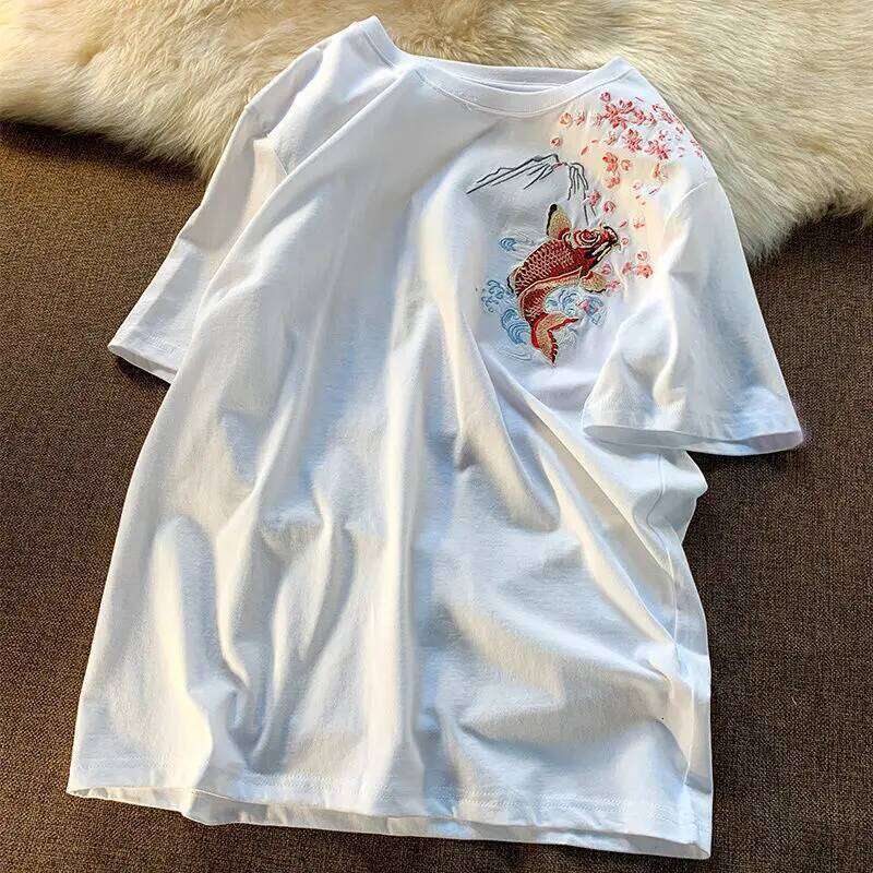 Mardi Hefxessdr Lovers Embroidered Koi Fish Summer 2025 New Men Cotton T Shirt Students Casual Tee Short Sleeves Top Loose T-shirt 4XL