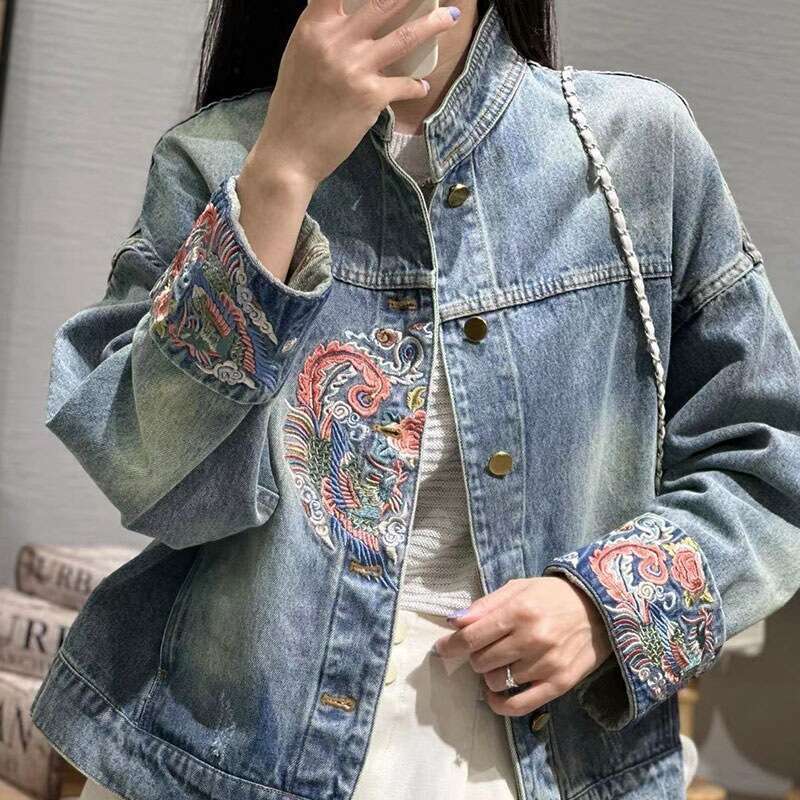 Mardi Hefxessdr Spring Autumn Denim Coat blue Chinese Retro National Style Embroidery Denim Jacket 2025 New Women Jacket Fashion Loose Coat