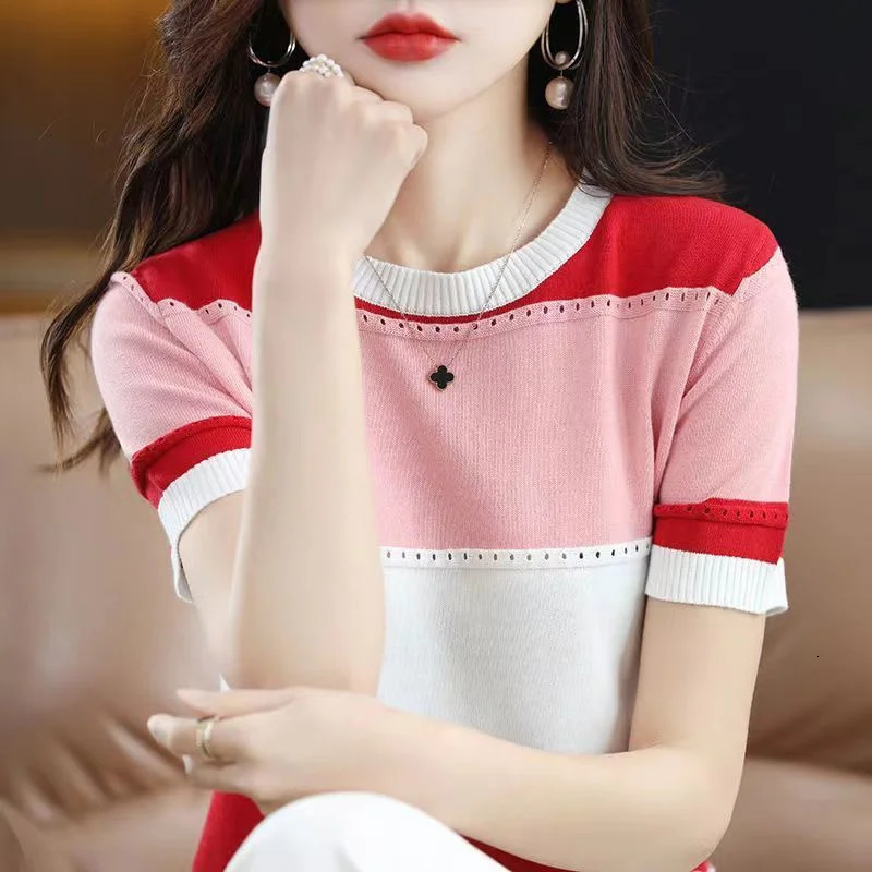 Summer Ice Silk Tshirt Shortsleeved Stripes Top Womens Round Neck Color Matching Hollow Loose Thin Knitted Sweater 260306