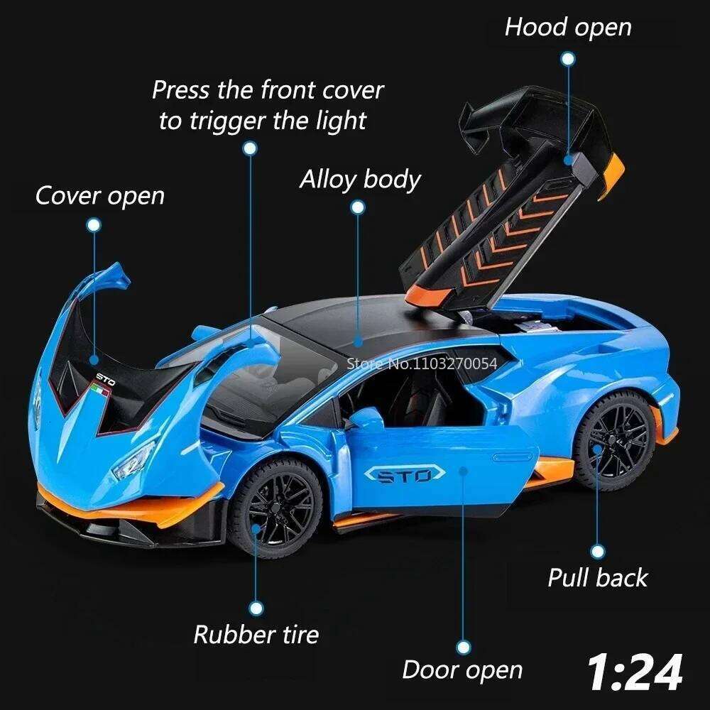 1:24 Lambor Sian Huracan STO Miniature Model Diecast Alloy Toys Car Sound Light Pull Back Doors Opened Vehice Boys Festival Gift Z260306