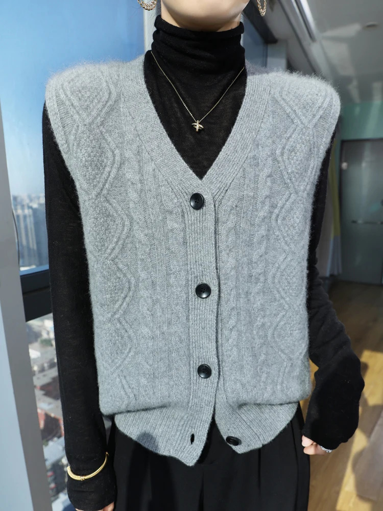 ANGEL Women Vneck Cashmere Vest Sleeveless Cardigan 100 Merino Wool Sweater Autumn Winter Thick Twist Flower Casual Waistcoat 260306