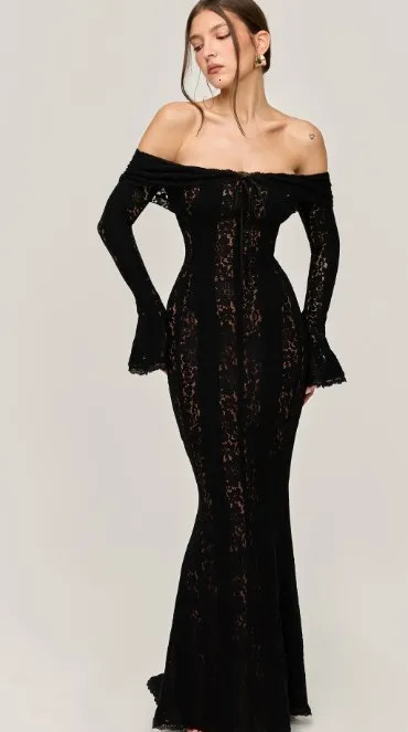 2026 Women Sexy Lace Patchwork White Maxi Dress Flared Sleeve Off Shoulder Bodycon Gowns Lady Evening Night Party Robes 260306