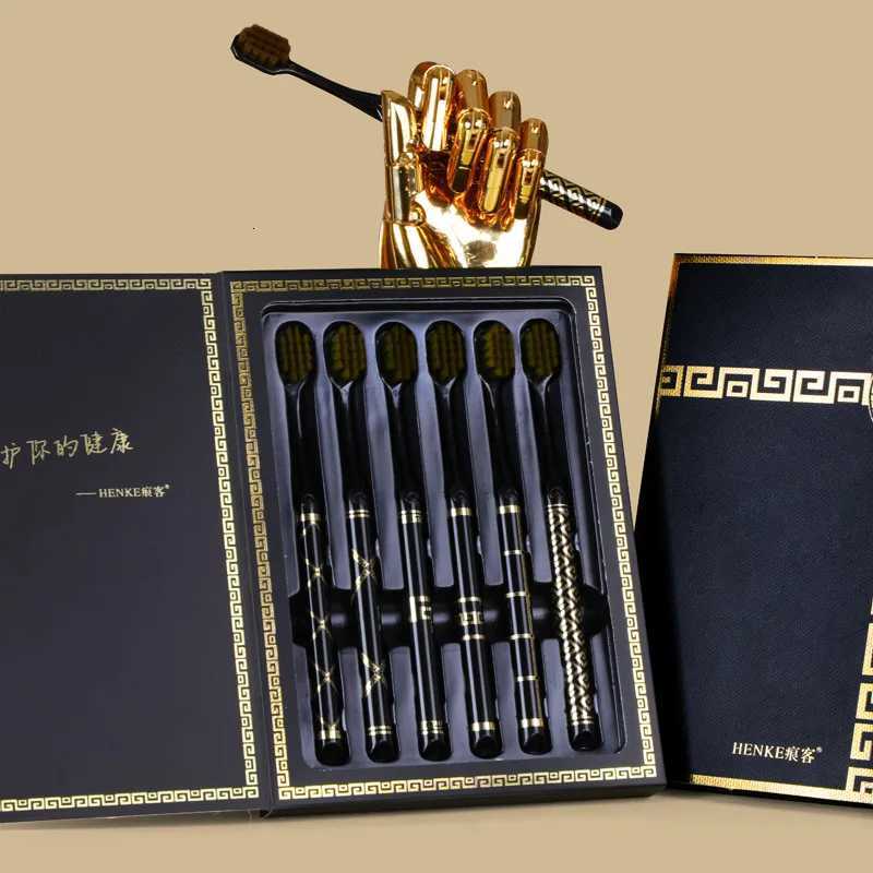 This 6-piece black gold upscale gift box toothbrush set with soft bristles deeply cleans teeth and is ideal for adult daily home and travel use.T26030