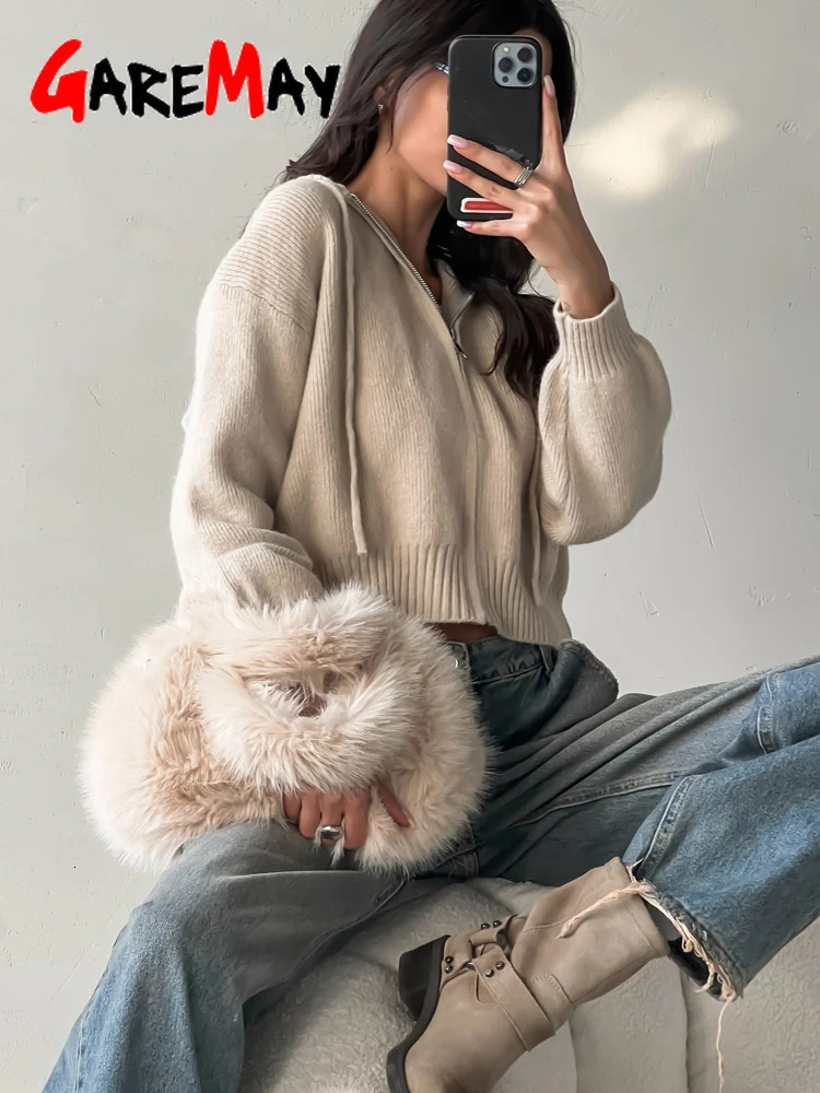 Autumn Knitted Womens Short Cardigan with Zipper Gray Winter Sweater Casual Cute Vintage White Cardigan for Women with Hood 260305