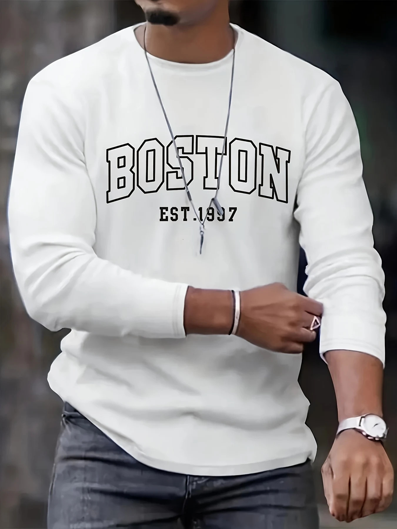 Mens 100 pure cotton loose fit plus size comfortable casual sports Boston letter printed round neck long sleeved Tshirt top 260302