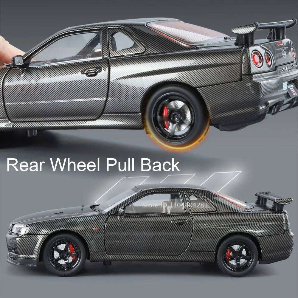 1:24 GTR R34 Miniature Model Diecast Alloy Car Toy 4 Doors Opened Sound Light Pull Back Front Wheel Steering Vehice for Boy Gift Z260307
