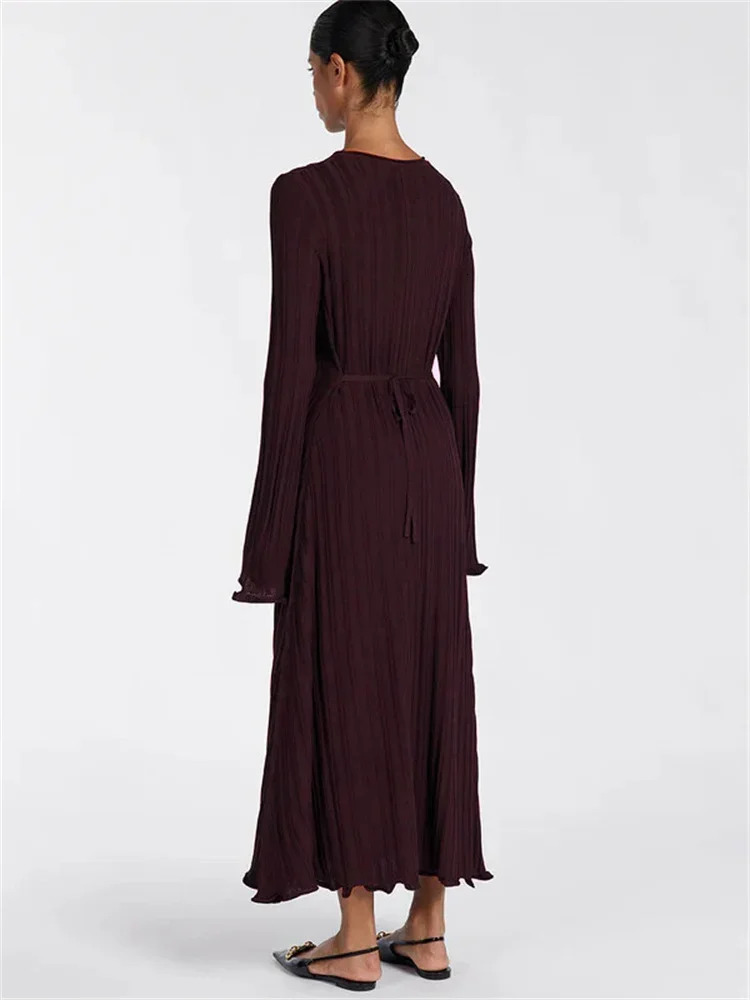 Tossy Knitwear Fashion Loose Maxi Dress Women Lace-Up High Waist Ribbed Long Sleeve Party Dress Female Knit Bandage Long Dress 260306