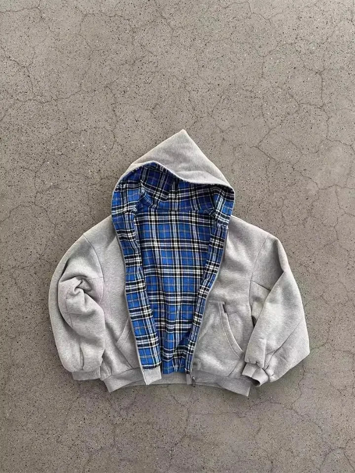 Y2K Grey Reversible Sweatshirt Harajuku Vintage Plaid Graphic Zipper Hoodie Gothic Casual Oversized Hoodie Mens Womens Clothes 260304