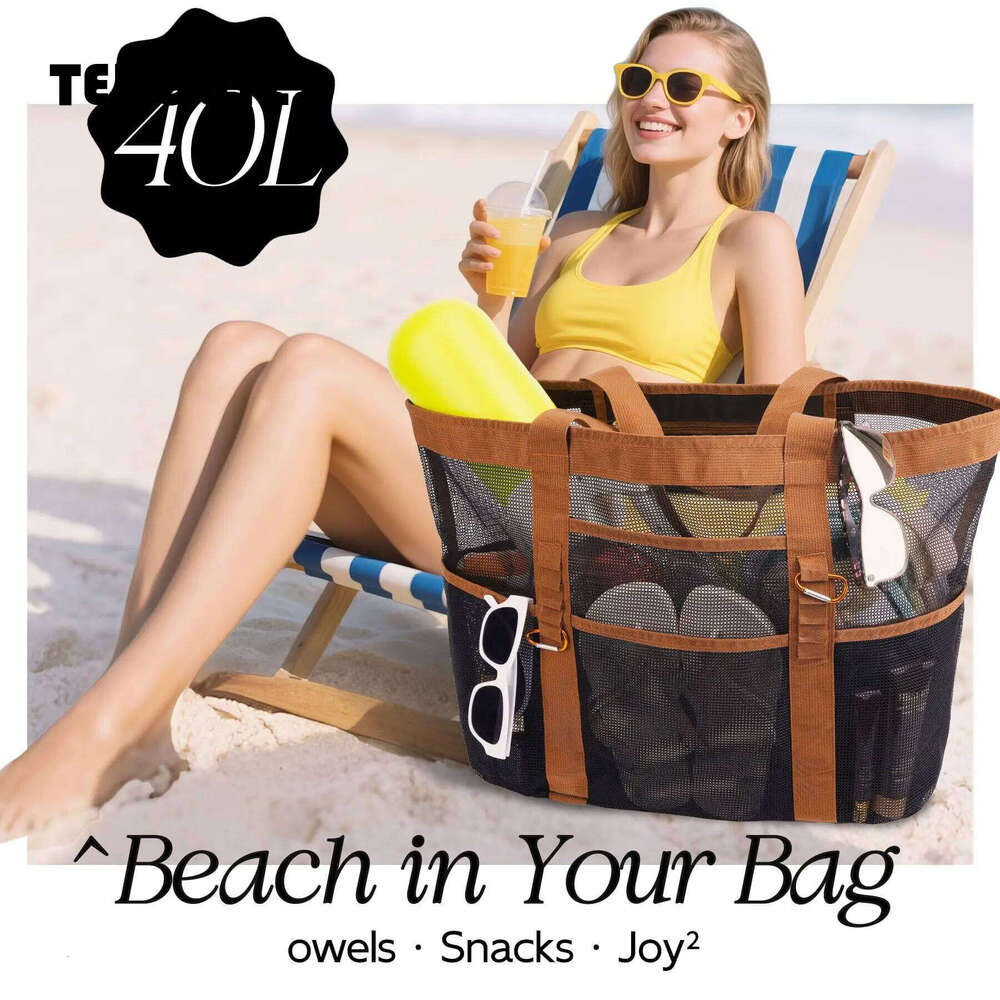 Large Ladies Colour-Blocked Foldable Mesh Tote Lightweight Spacious Beach Bag For Sunbathing Gym TEROUYE