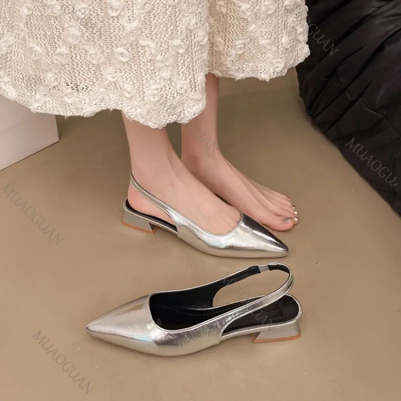 Womens Leather Pointed Toe Slingback Slip-on Low Heeled Sandals Soft Comfortable Casual Female Summer Daily Pumps Footwear Shoe 260303