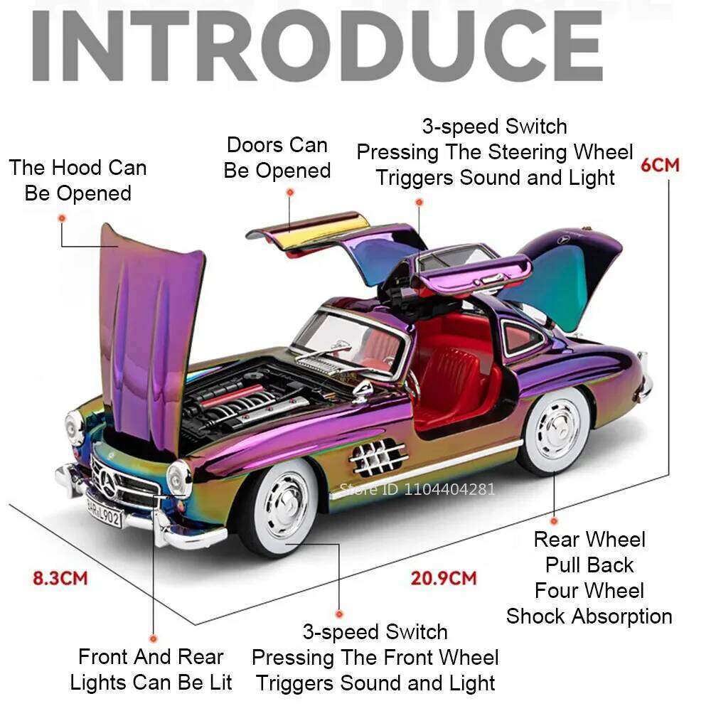 1:24 300SL W140 Diecat Alloy Car Model Toy Doors Opened Sound Light Pull Back Front Wheel Steering Vehcie Collect Ornaments Gift Z260306